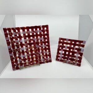 Basketweave Art Glass Platter Plates Set Of 2